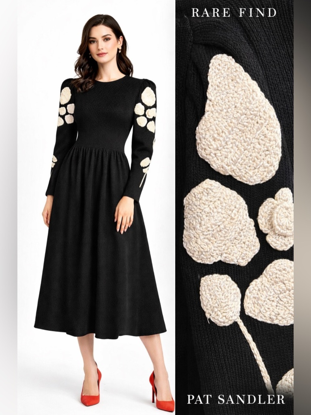 Vintage Pat Sandler Knit Dress 3D Floral Appliqué Puff‎ Sleeve Midi